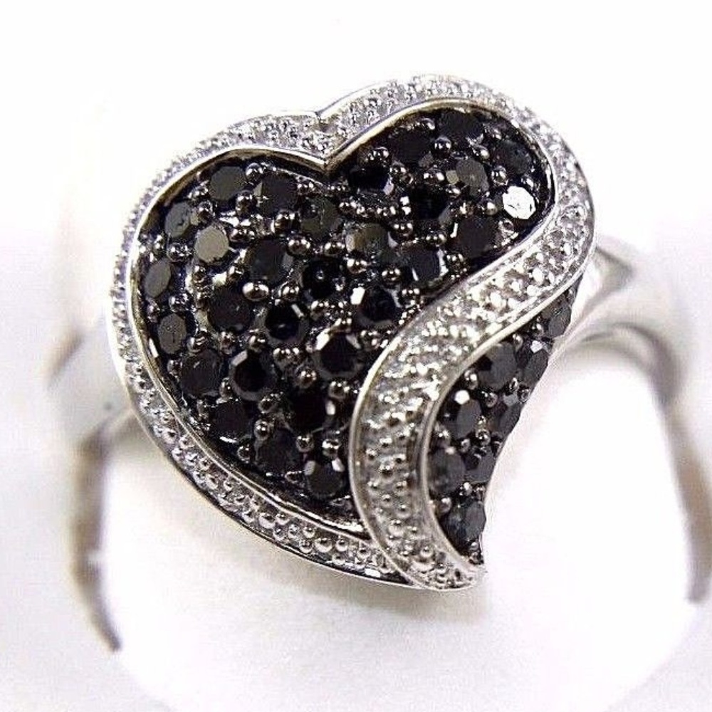 Black White Diamond Heart Curve Ring 14k WG .75Ct